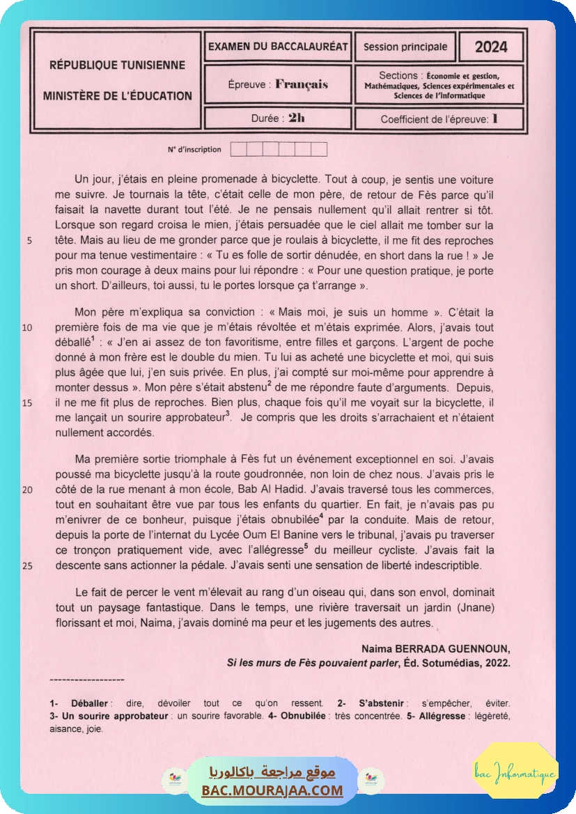 Sujet principale francais Bac 2024 – Section info